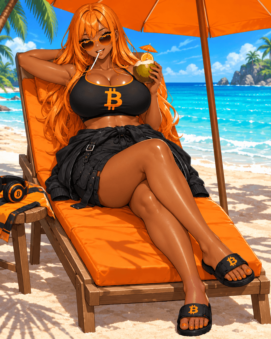 Titga lounging on a beach chair with heart sunglasses and a coconut drink