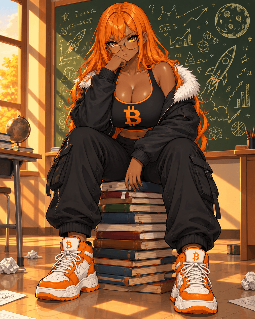 Titga in round glasses sitting on a stack of books, thinking hard in front of a doodled chalkboard